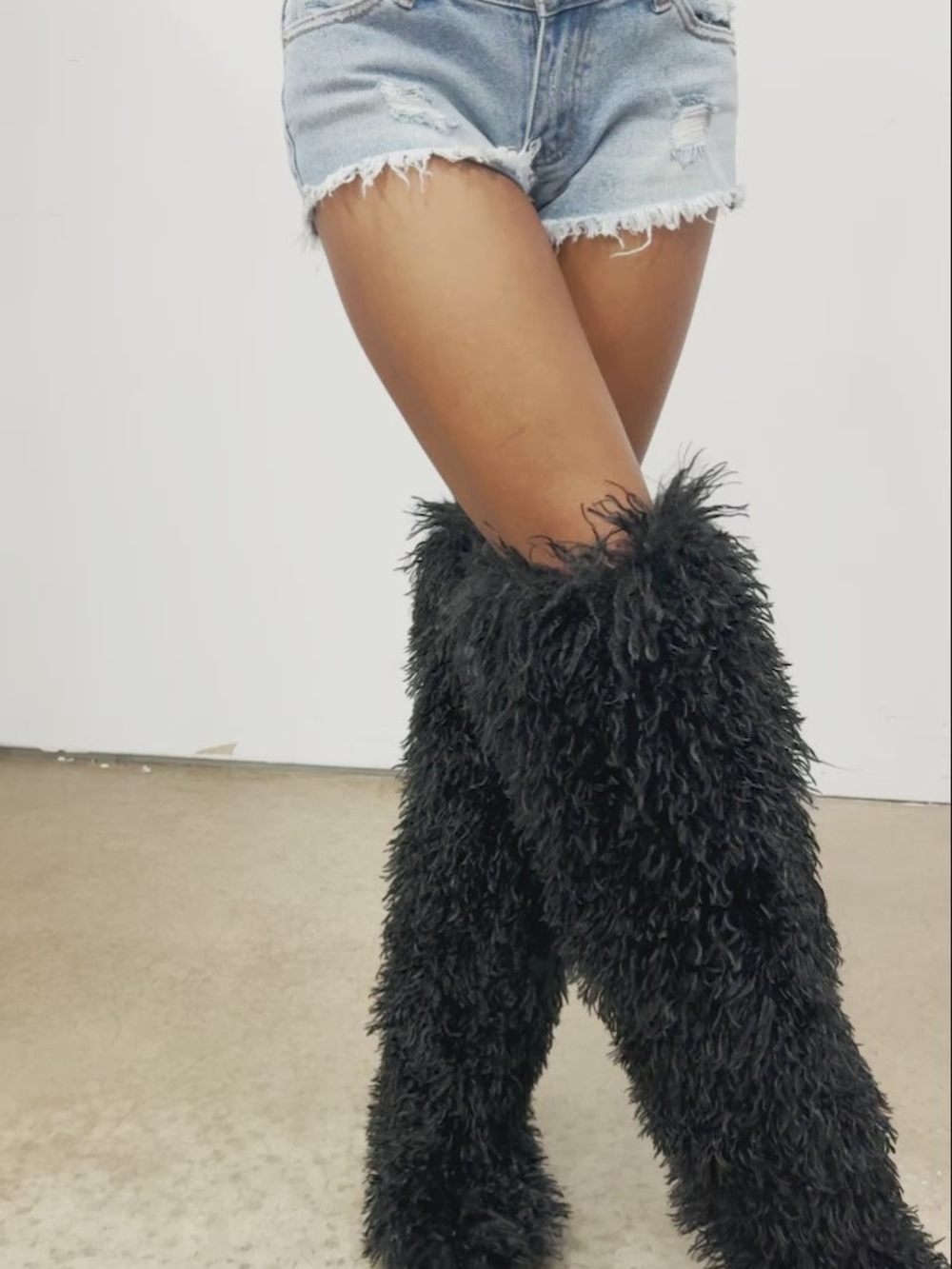 Faux Fur Knee-High Leg Warmers - Black